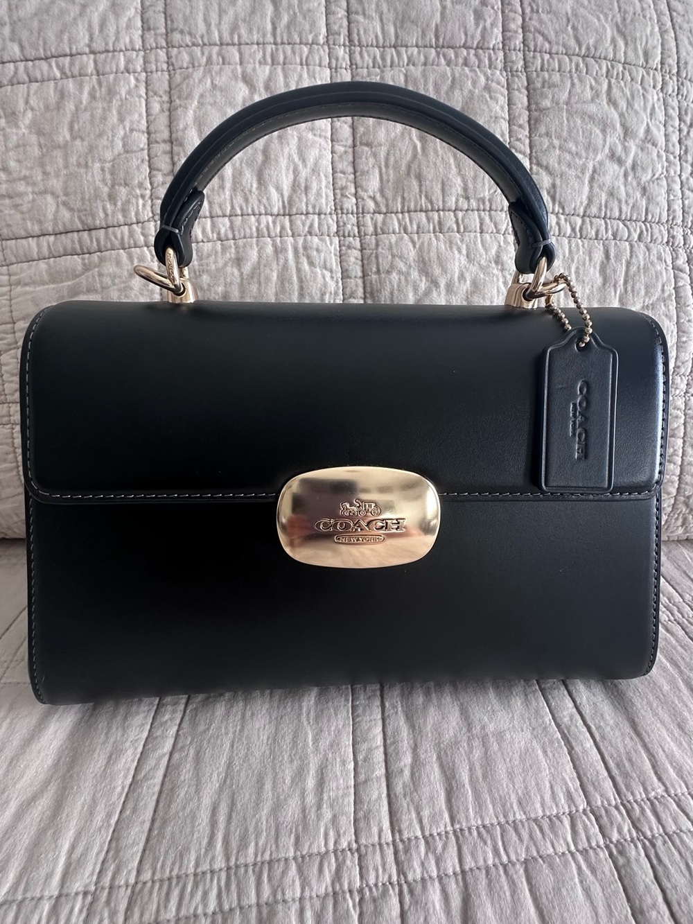 Coach Black Leather Top-Handle Satchel with Gold Plaque
